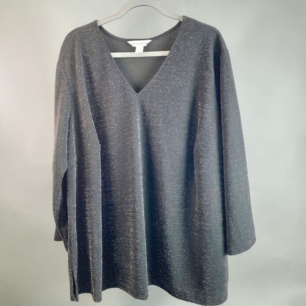 Liz Claiborne 3X Blouse NWT Black Silver Glitter Shimmer V-Neck 3/4 Sleeve Top